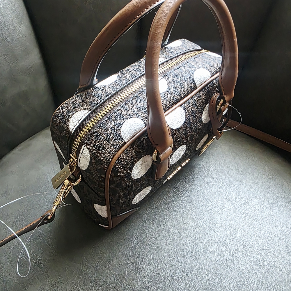Michael Kors Brown and White Satchel with Structured Design